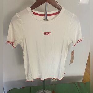 New Girl’s White Rayon Blend Shirt. Red Trim size Large